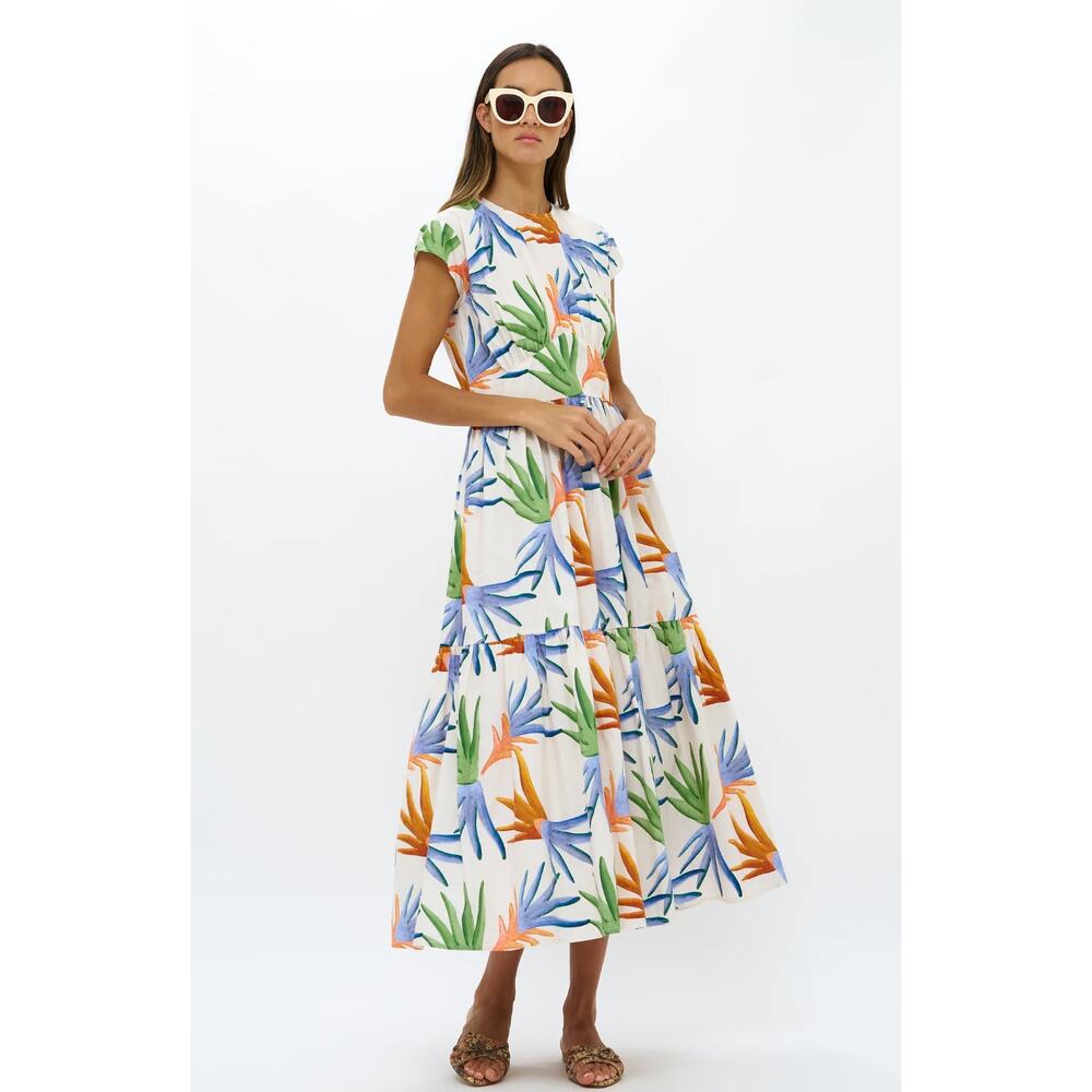 OLIPHANT Tuckernuck Cap Sleeve Midi Dress Fortuna Green Palm Print Cotton S - Picture 2 of 10